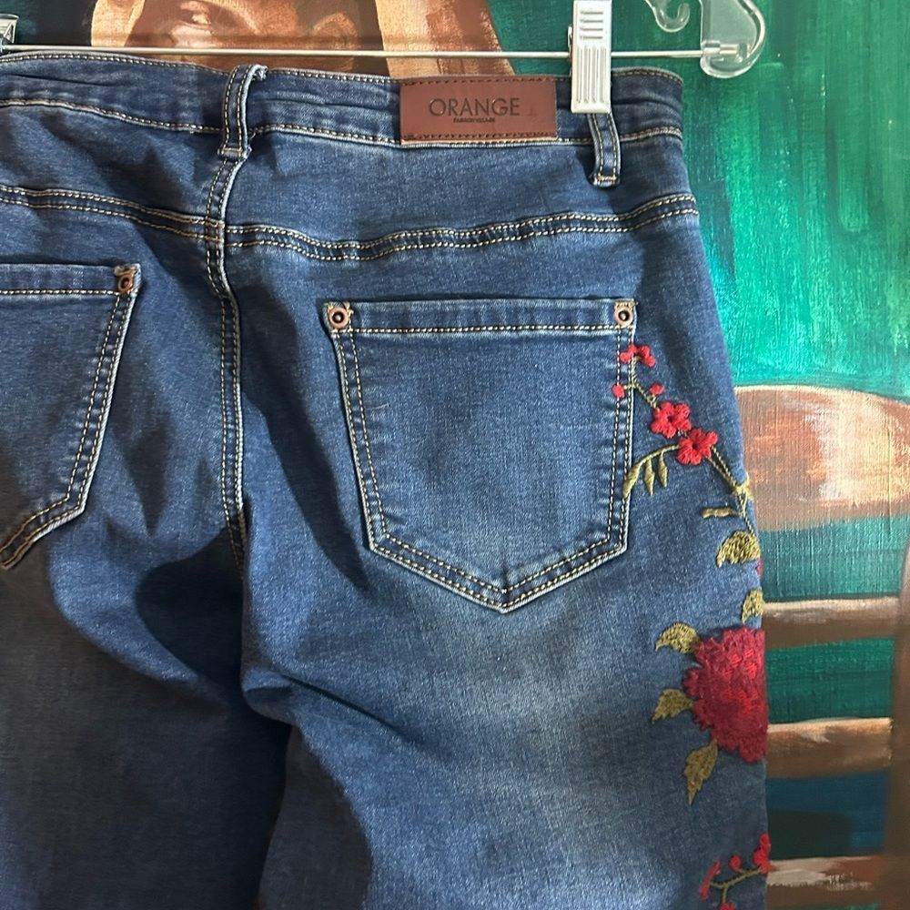 Straight Leg Blue Jeans with Red Floral Embroidery - Picture 10 of 13
